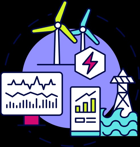 Energy and utilities infrastructure with wind turbines, solar power, and smart monitoring
